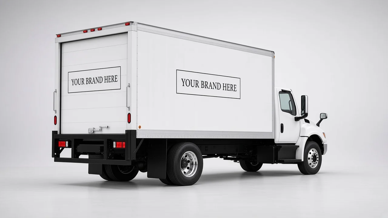 Concept render of the MV607-style box truck from the rear three-quarter angle, showing the rear door and side