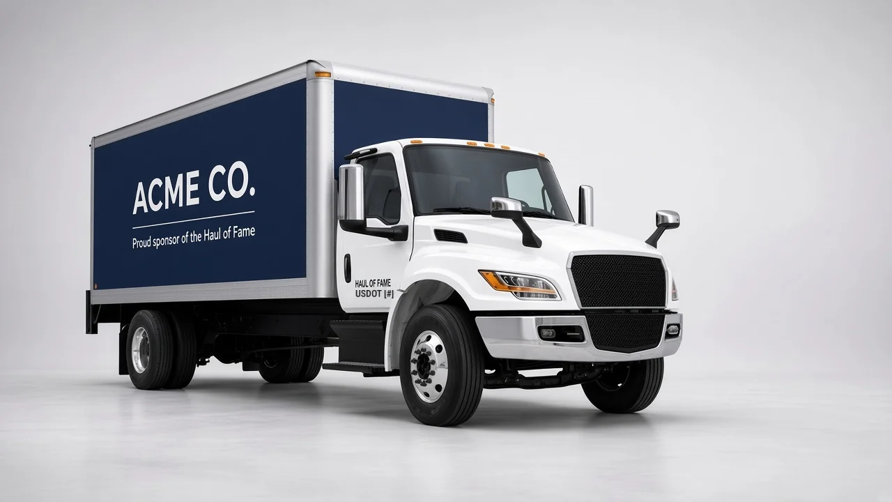 Concept render of the truck wrapped in navy for an example sponsor called Acme Co.